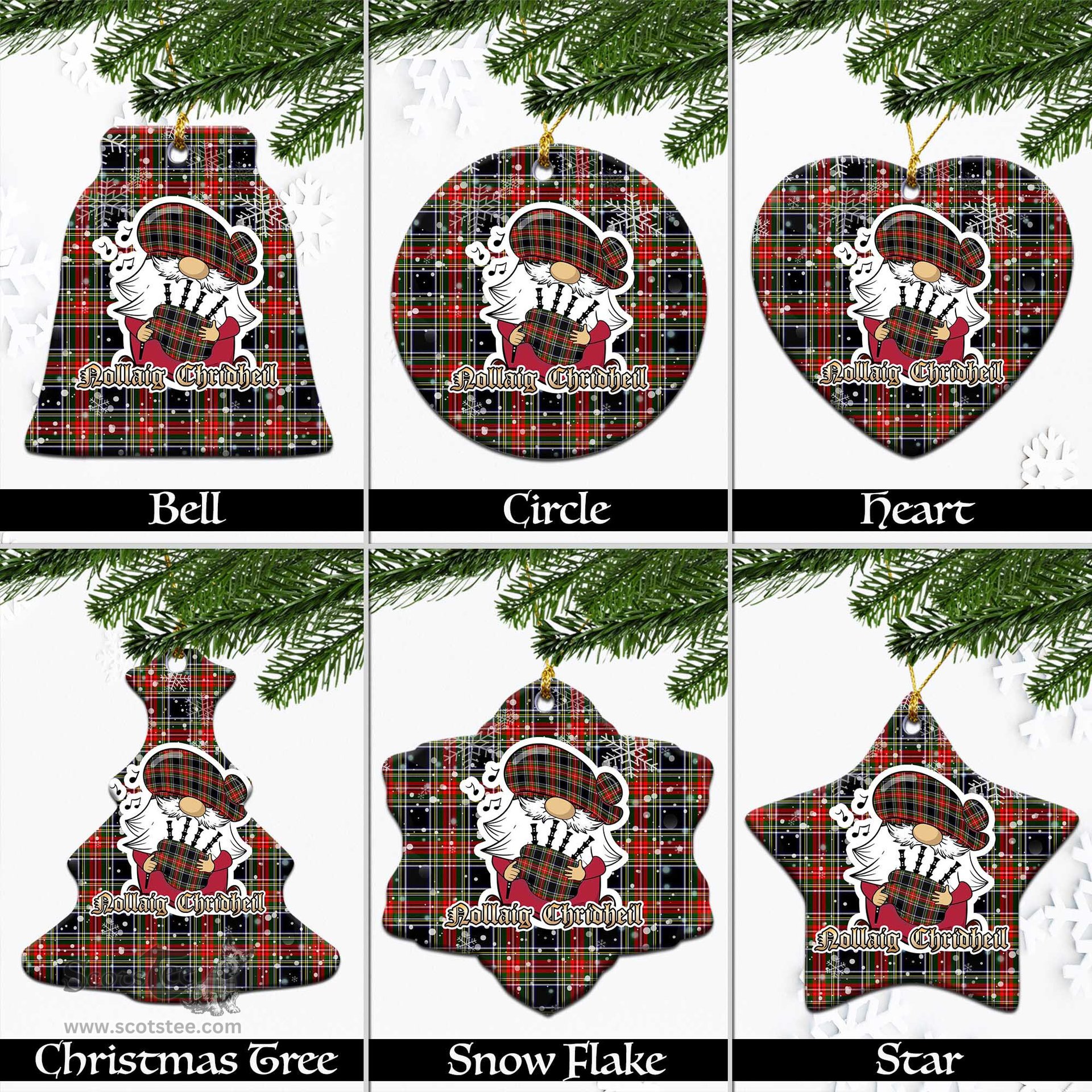 Scottish Stewart Black Tartan Christmas Ornaments with Scottish Gnome Playing Bagpipes Scottish Plaid Tartan Plaid - ScotsTee - scotstee.com