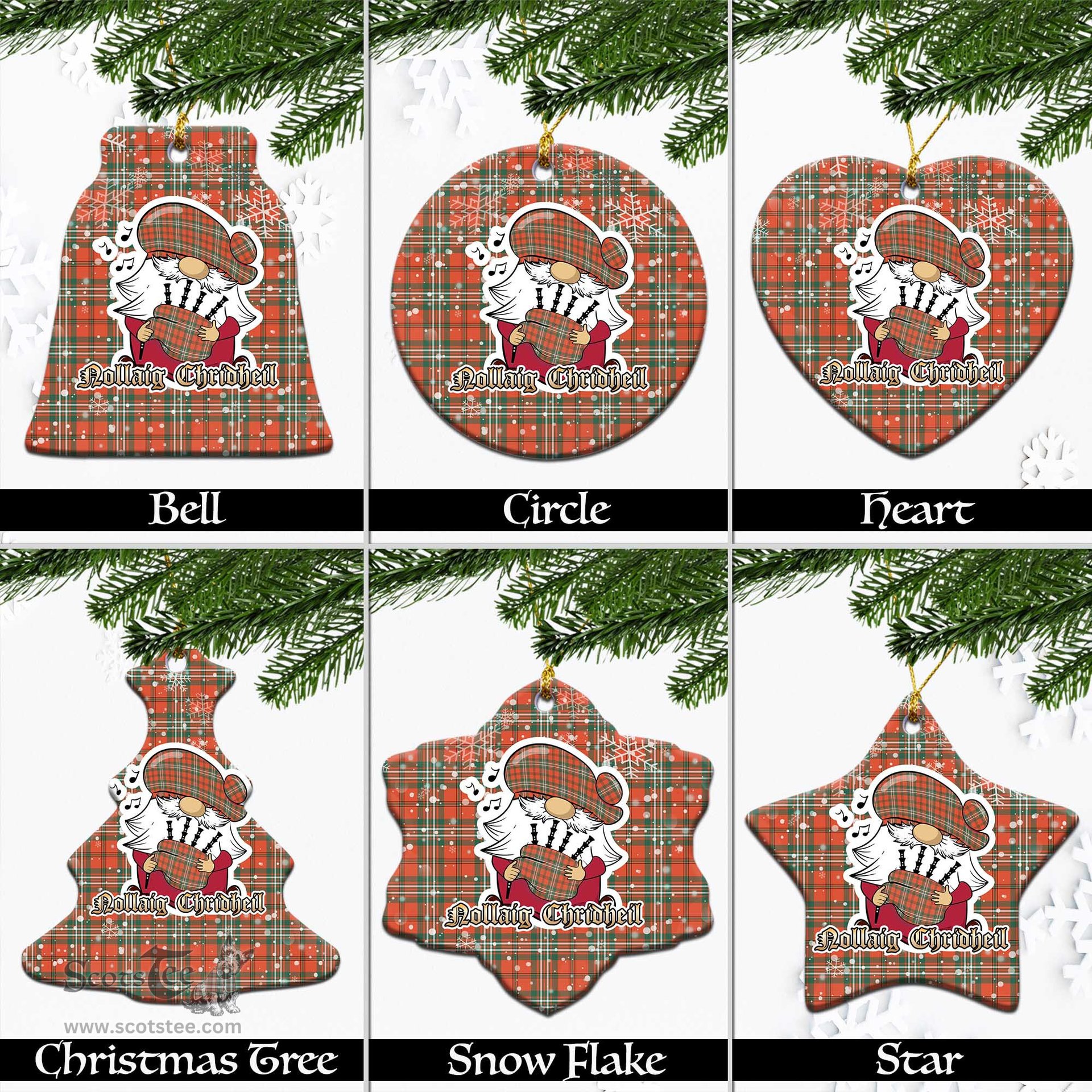 Scottish Scott Ancient Tartan Christmas Ornaments with Scottish Gnome Playing Bagpipes Scottish Plaid Tartan Plaid - ScotsTee - scotstee.com