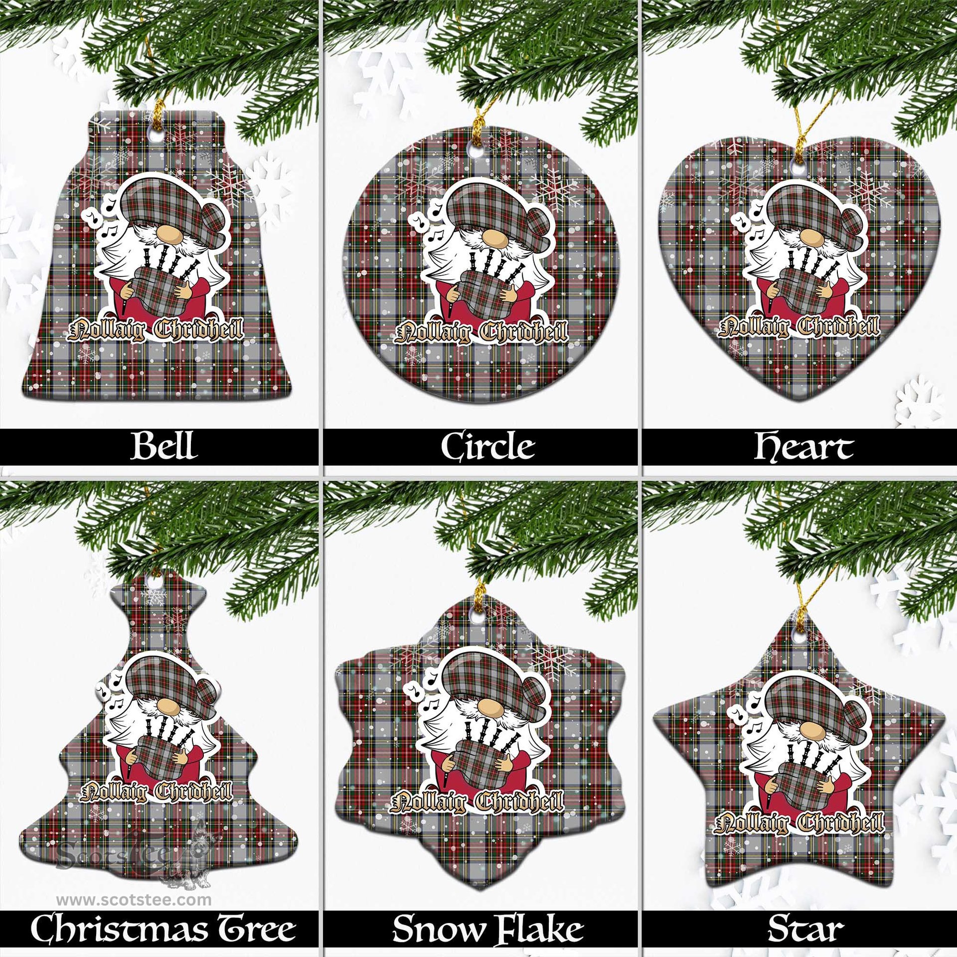 Scottish Stewart Dress Tartan Christmas Ornaments with Scottish Gnome Playing Bagpipes Scottish Plaid Tartan Plaid - ScotsTee - scotstee.com