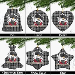 Scottish Stewart Black and White Tartan Christmas Ornaments with Scottish Gnome Playing Bagpipes Scottish Plaid Tartan Plaid - ScotsTee - scotstee.com