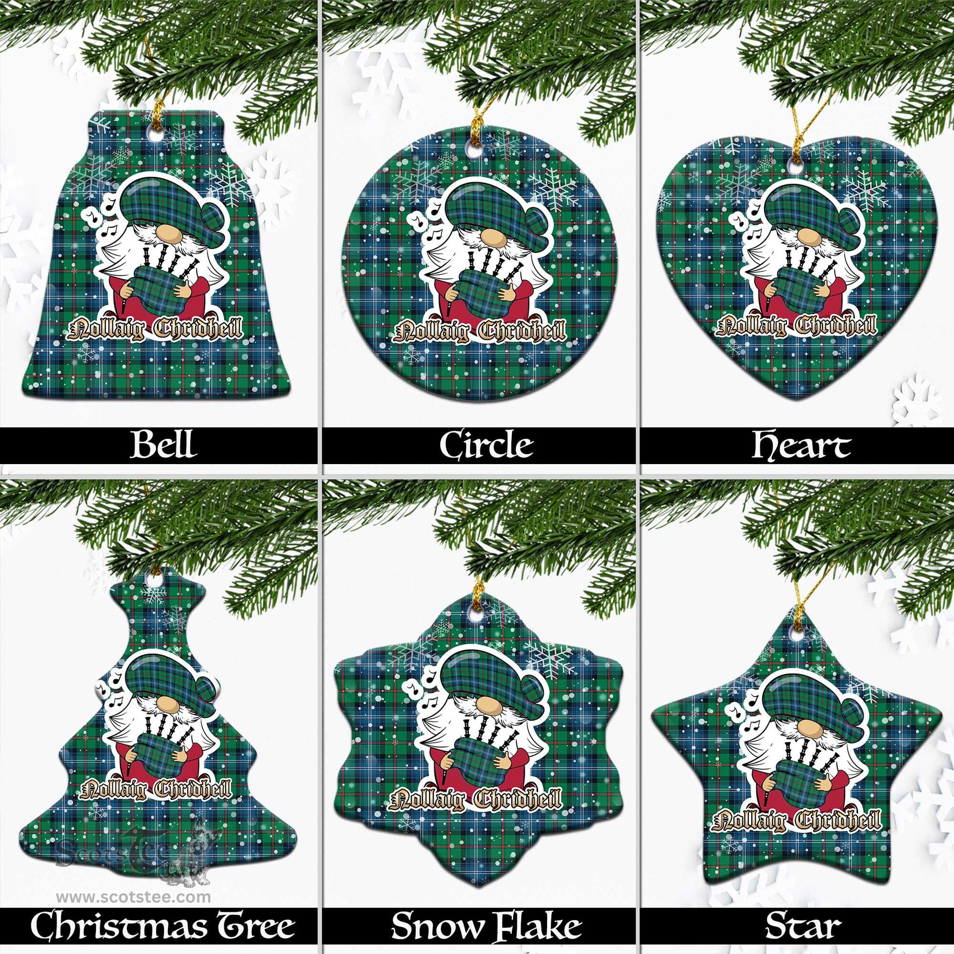 Scottish Urquhart Ancient Tartan Christmas Ornaments with Scottish Gnome Playing Bagpipes Scottish Plaid Tartan Plaid - ScotsTee - scotstee.com