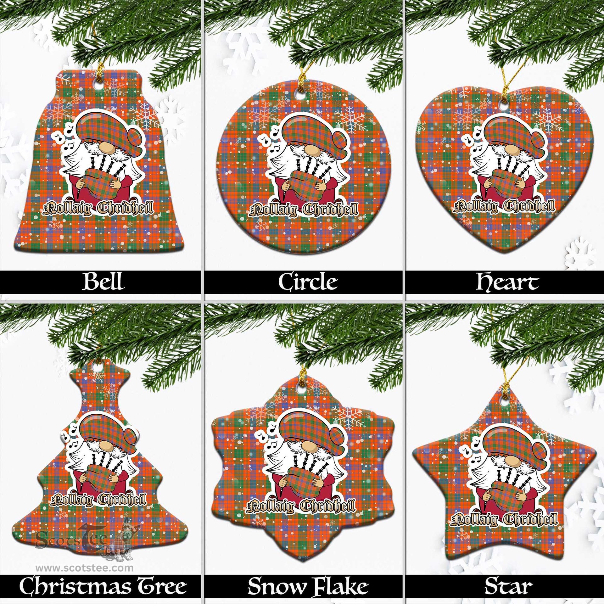 Scottish Ross Ancient Tartan Christmas Ornaments with Scottish Gnome Playing Bagpipes Scottish Plaid Tartan Plaid - ScotsTee - scotstee.com