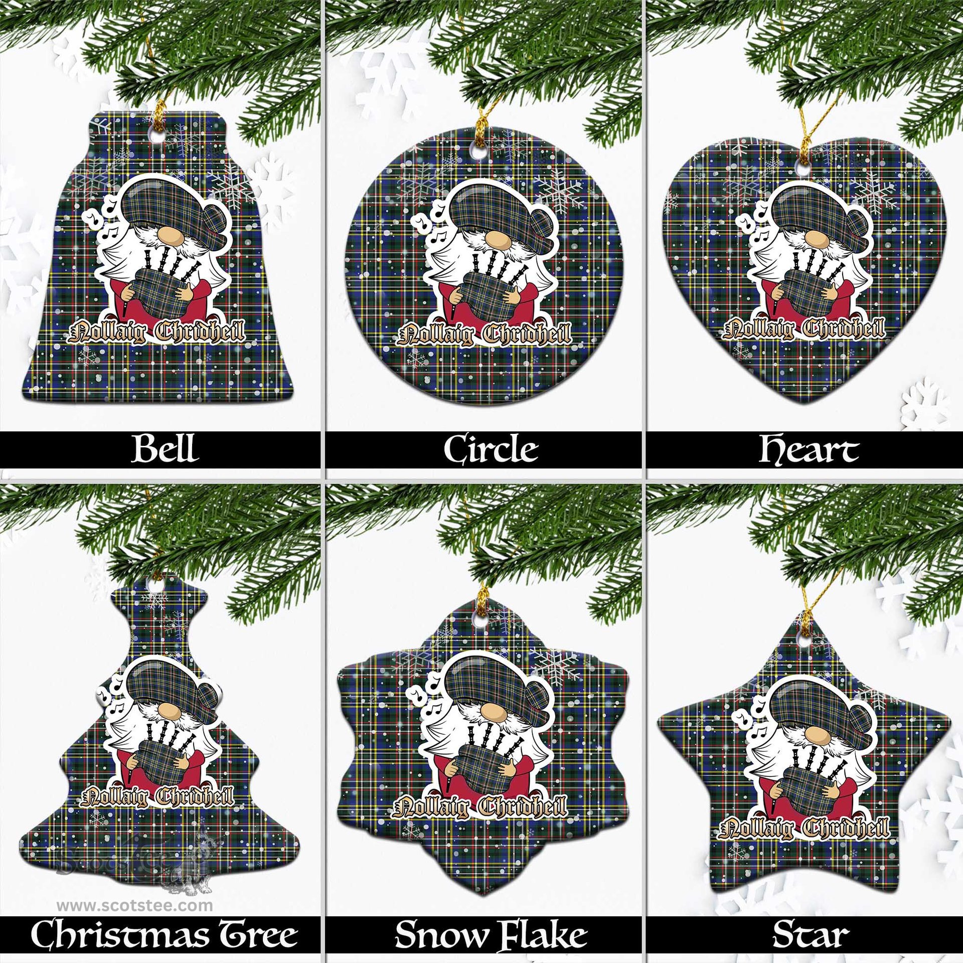 Scottish Scott Green Modern Tartan Christmas Ornaments with Scottish Gnome Playing Bagpipes Scottish Plaid Tartan Plaid - ScotsTee - scotstee.com