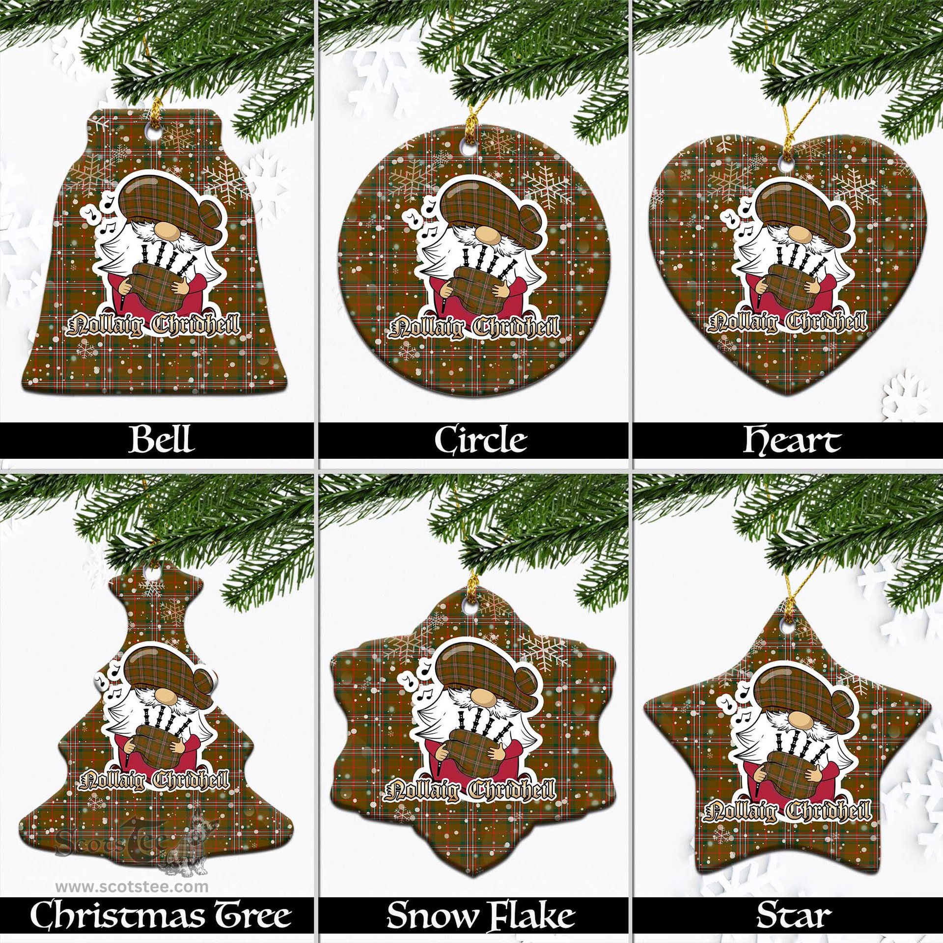 Scottish Scott Brown Modern Tartan Christmas Ornaments with Scottish Gnome Playing Bagpipes Scottish Plaid Tartan Plaid - ScotsTee - scotstee.com