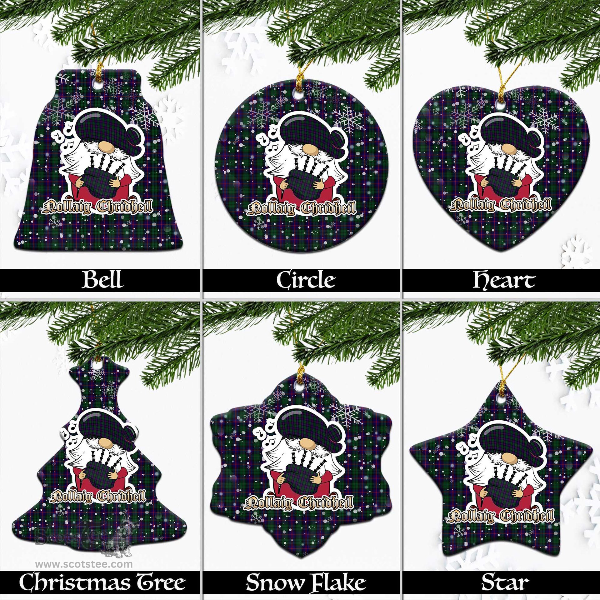 Scottish Urquhart Tartan Christmas Ornaments with Scottish Gnome Playing Bagpipes Scottish Plaid Tartan Plaid - ScotsTee - scotstee.com