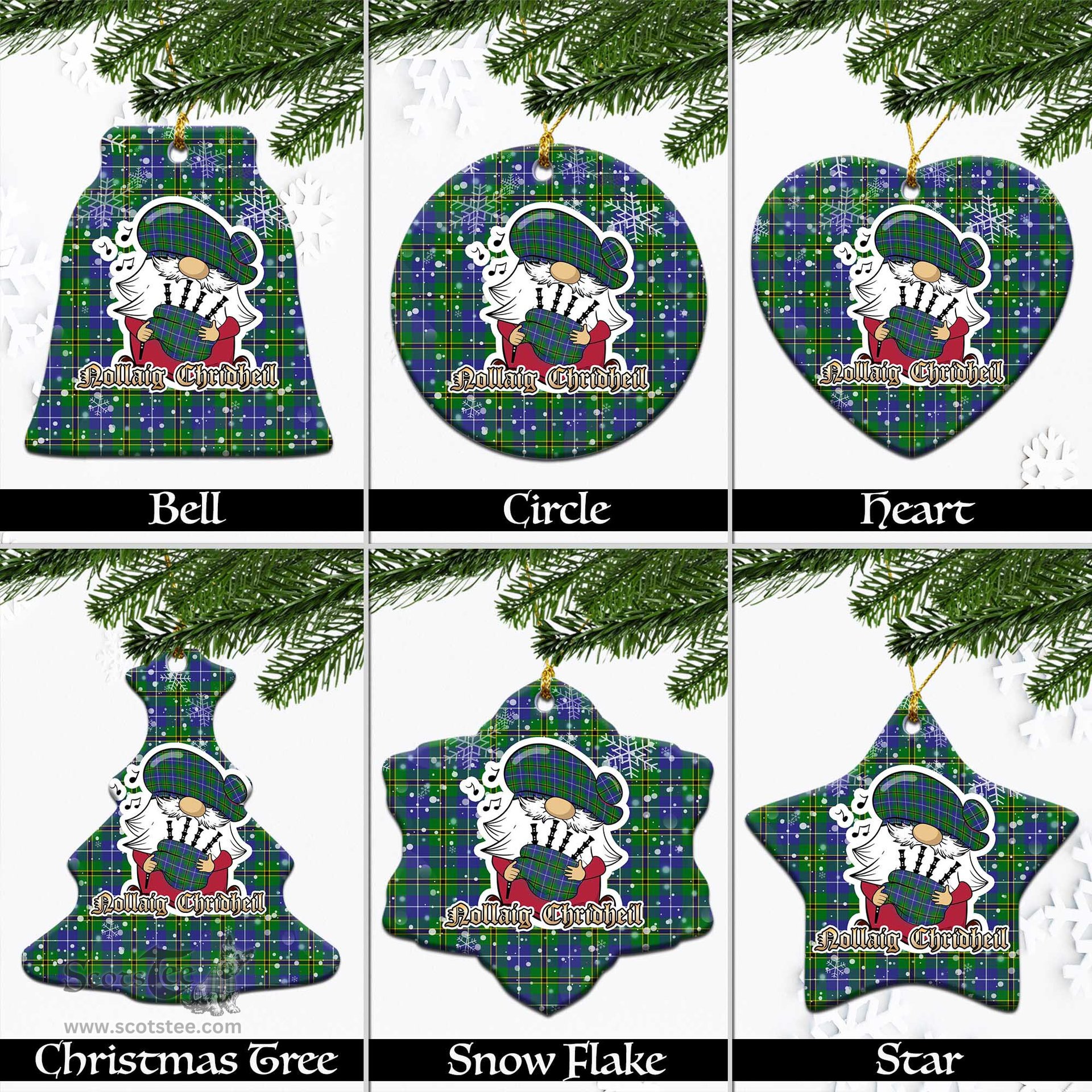 Scottish Turnbull Hunting Tartan Christmas Ornaments with Scottish Gnome Playing Bagpipes Scottish Plaid Tartan Plaid - ScotsTee - scotstee.com
