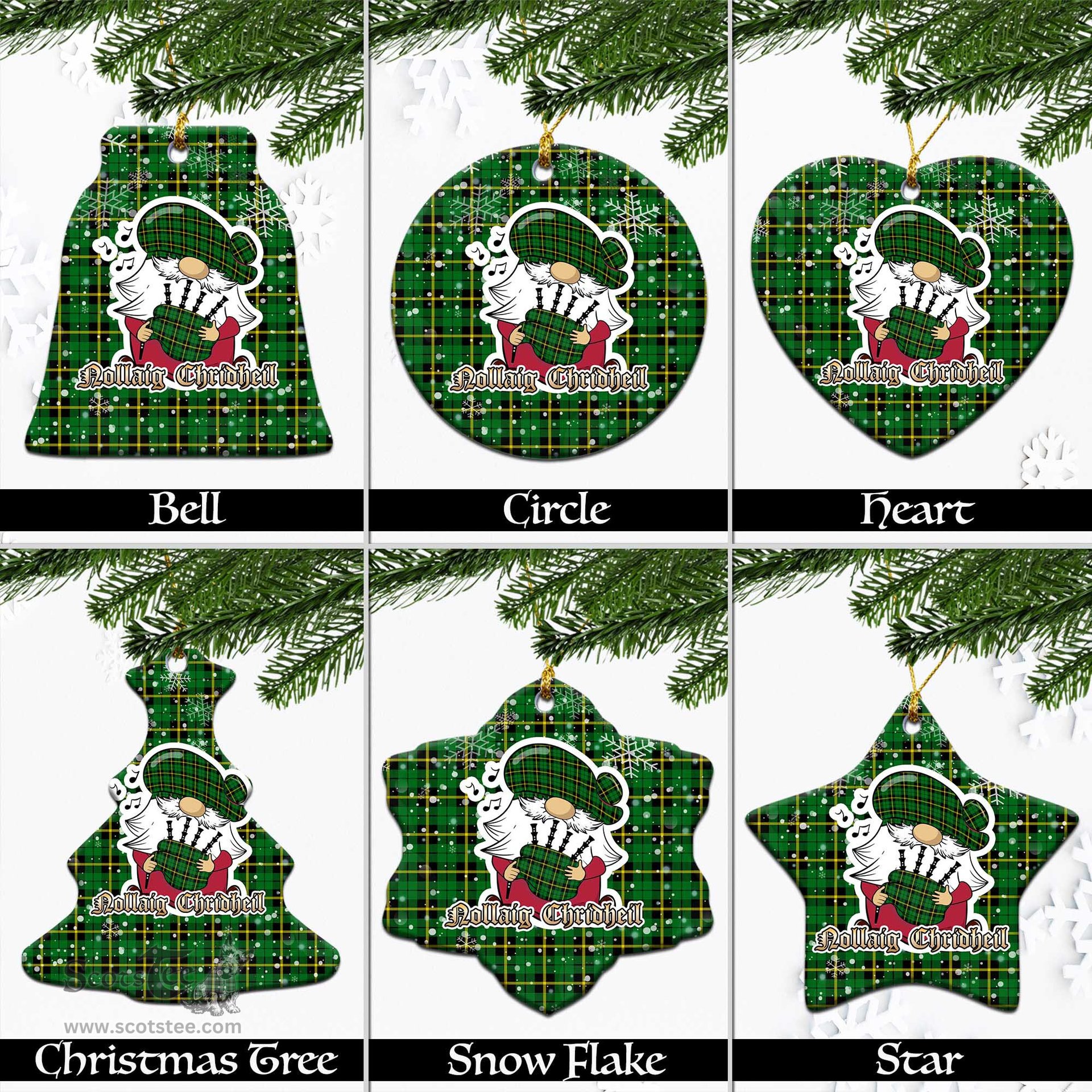 Scottish Wallace Hunting Green Tartan Christmas Ornaments with Scottish Gnome Playing Bagpipes Scottish Plaid Tartan Plaid - ScotsTee - scotstee.com