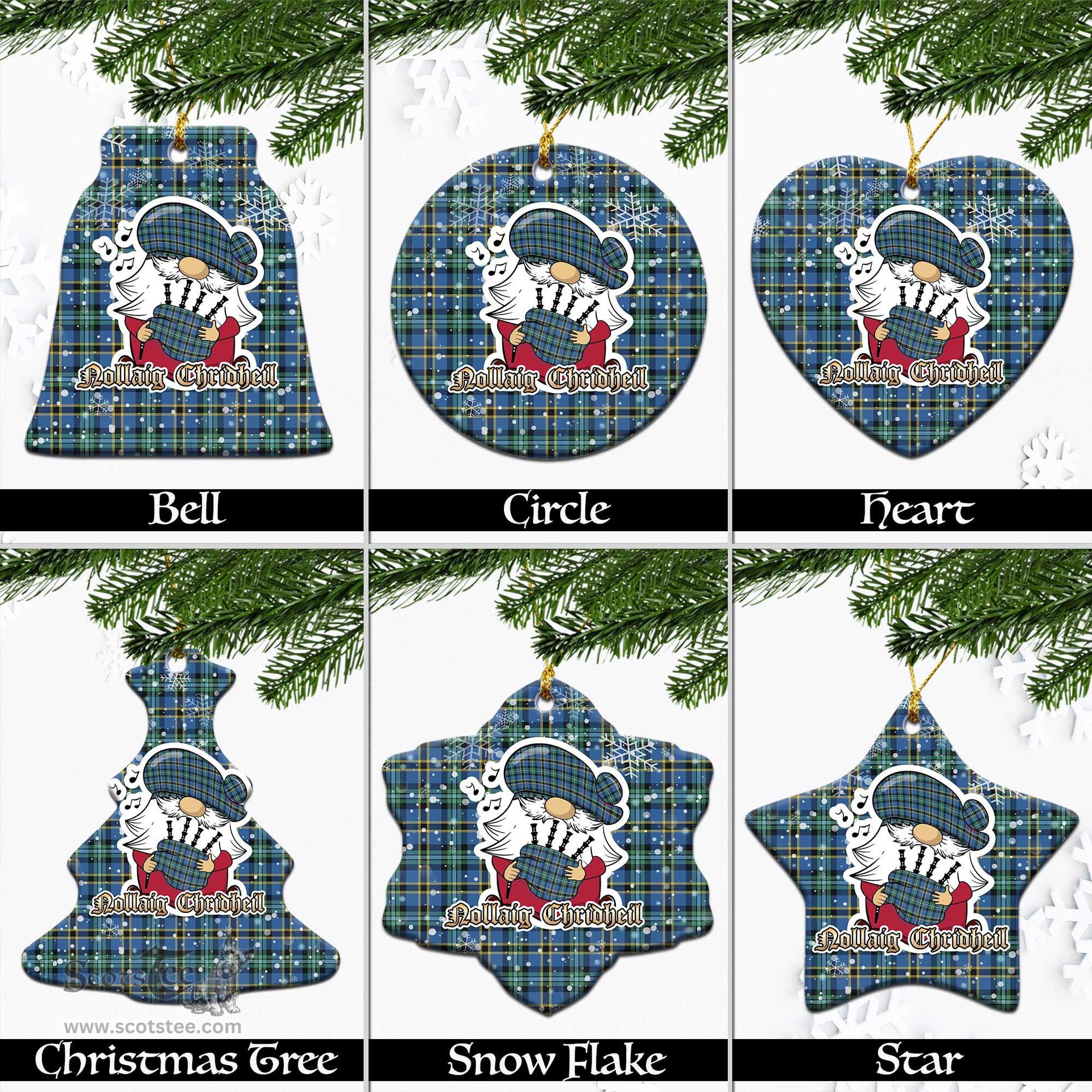 Scottish Weir Ancient Tartan Christmas Ornaments with Scottish Gnome Playing Bagpipes Scottish Plaid Tartan Plaid - ScotsTee - scotstee.com