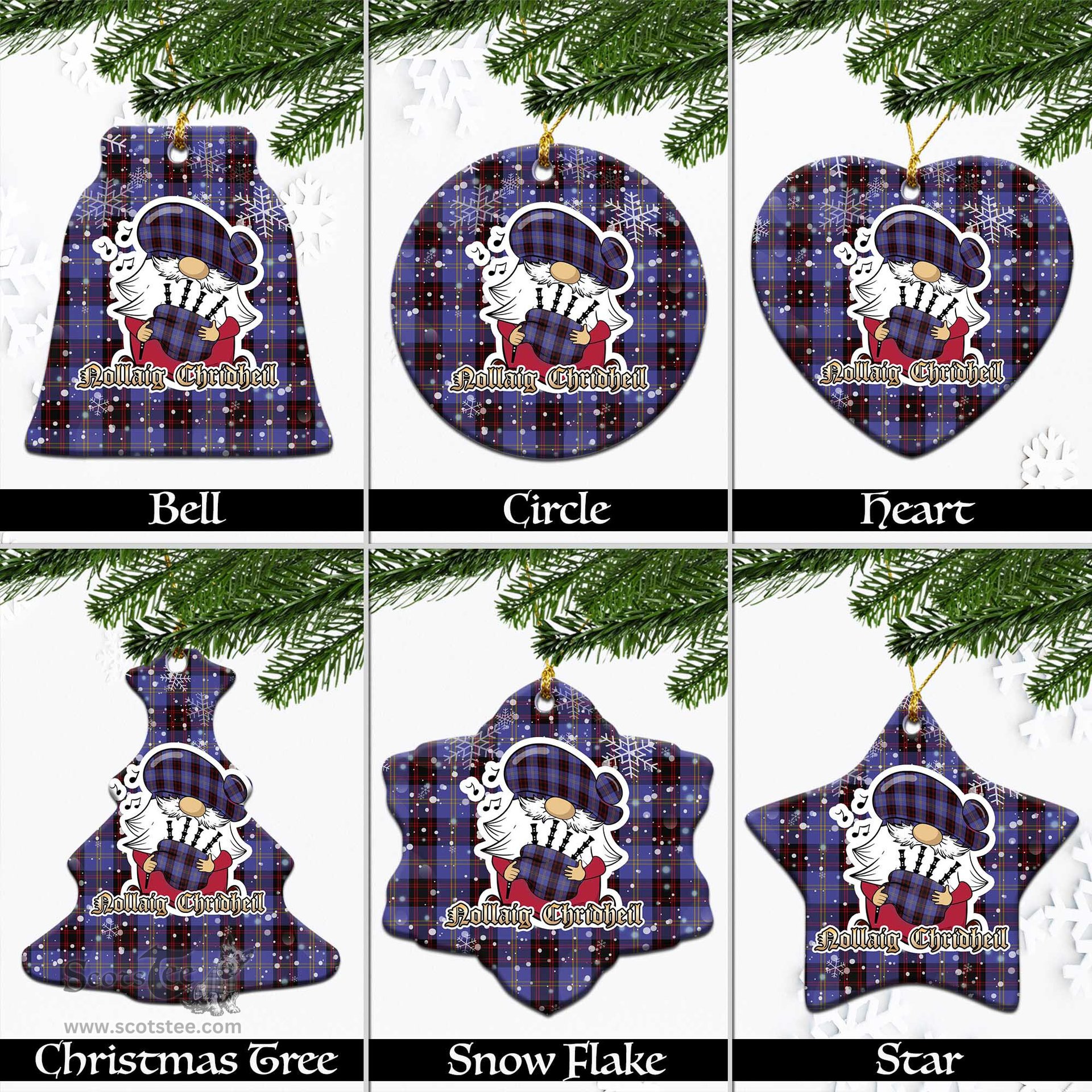 Scottish Rutherford Tartan Christmas Ornaments with Scottish Gnome Playing Bagpipes Scottish Plaid Tartan Plaid - ScotsTee - scotstee.com