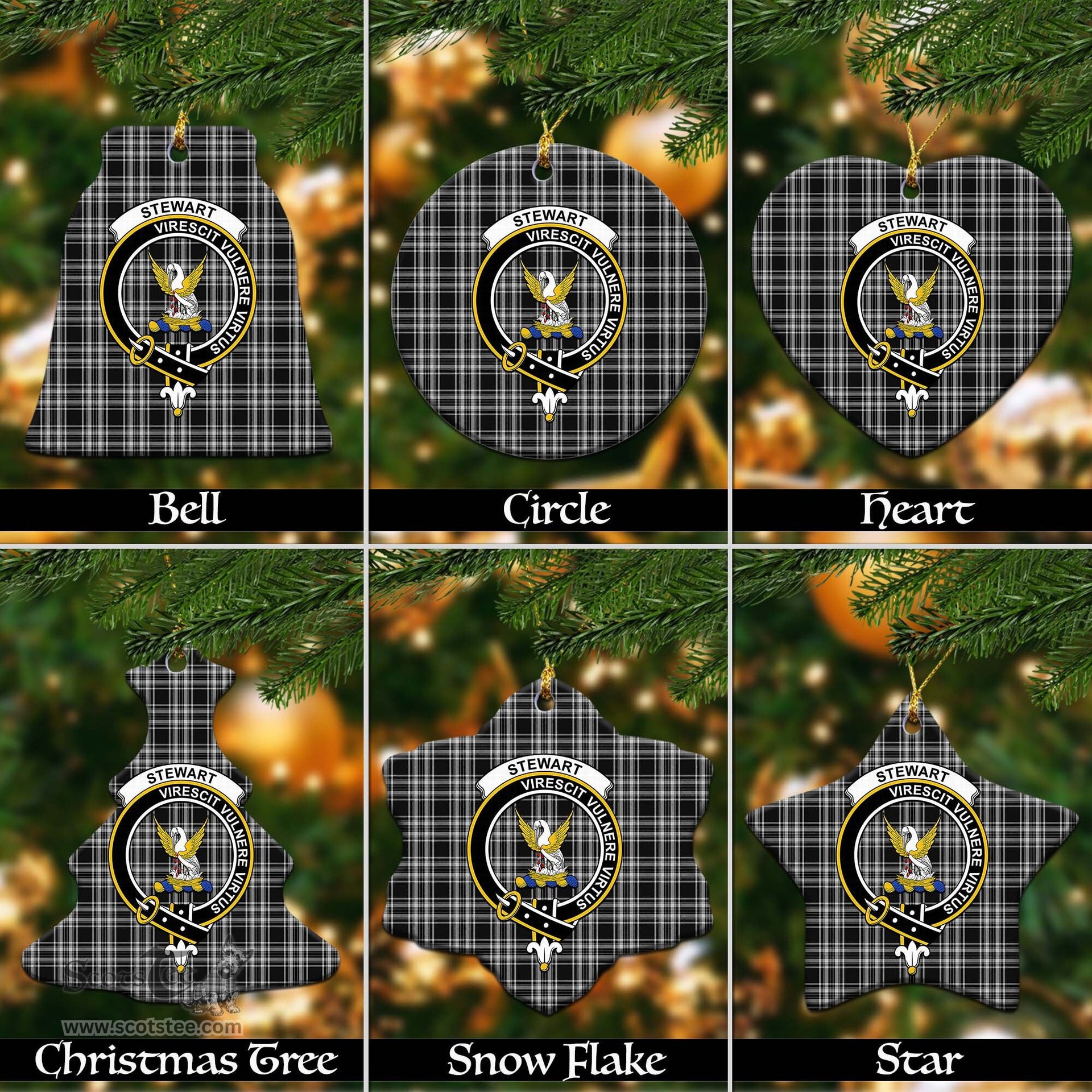 ScotsTee Shop Scottish Stewart Black and White Clan Crest Tartan Christmas Ornaments