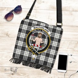 ScotsTee Shop Scottish MacFarlane Black & White Ancient Clan Crest Tartan Boho Bag, Tartan Crossbody Handbag