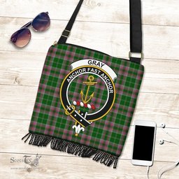 ScotsTee Shop Scottish Gray Hunting Clan Crest Tartan Boho Bag, Tartan Crossbody Handbag