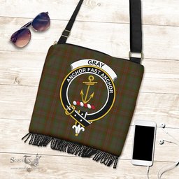 ScotsTee Shop Scottish Gray Clan Crest Tartan Boho Bag, Tartan Crossbody Handbag
