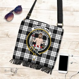 ScotsTee Shop Scottish MacFarlane Black & White Clan Crest Tartan Boho Bag, Tartan Crossbody Handbag