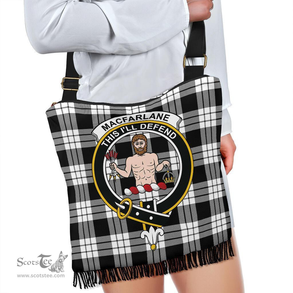 ScotsTee Shop Scottish MacFarlane Black & White Clan Crest Tartan Boho Bag, Tartan Crossbody Handbag