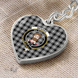 ScotsTee Shop Scottish Menzies Black & White Modern Clan Crest Tartan Keychain Heart Shape
