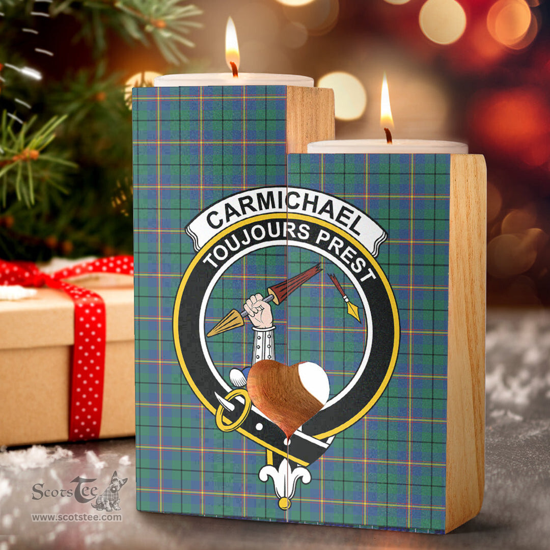 ScotsTee Shop Scottish Carmichael Ancient Clan Crest Tartan Wooden Candle Holder