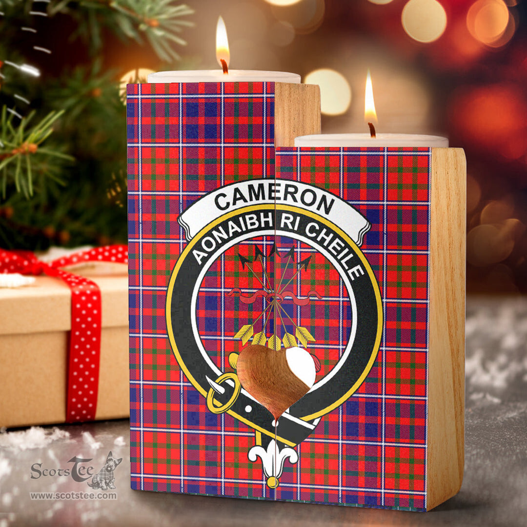 ScotsTee Shop Scottish Cameron of Lochiel Modern Clan Crest Tartan Wooden Candle Holder