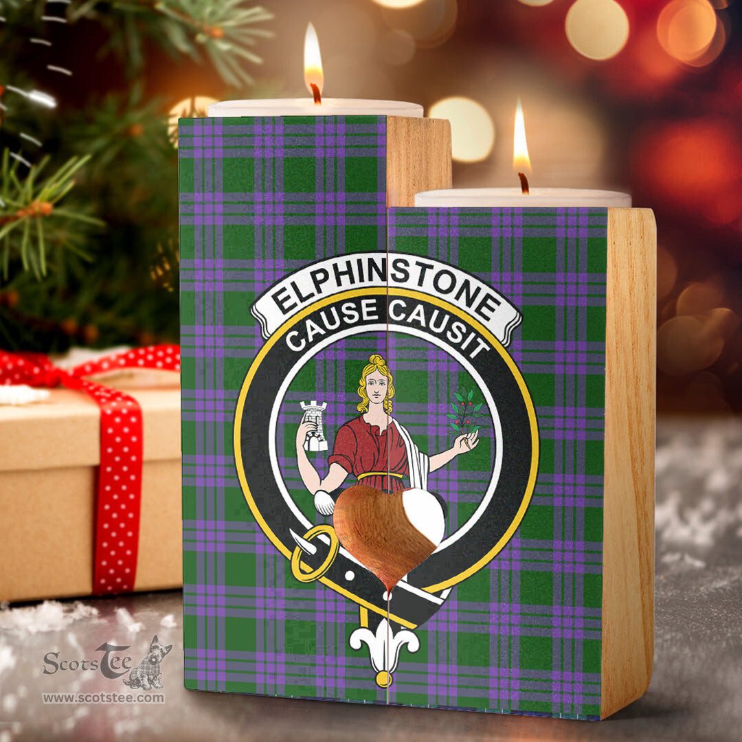 ScotsTee Shop Scottish Elphinstone Clan Crest Tartan Wooden Candle Holder