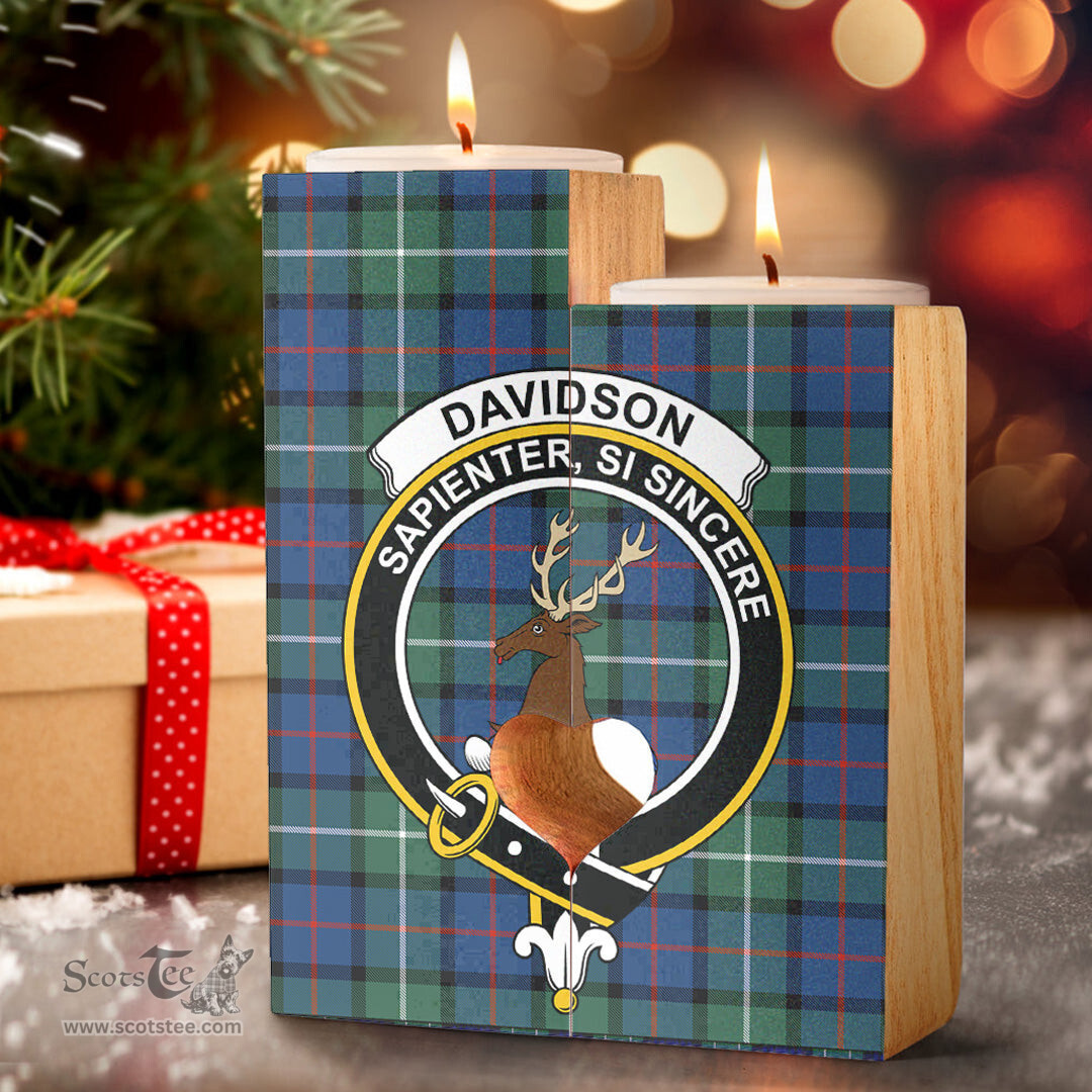 ScotsTee Shop Scottish Davidson of Tulloch Clan Crest Tartan Wooden Candle Holder
