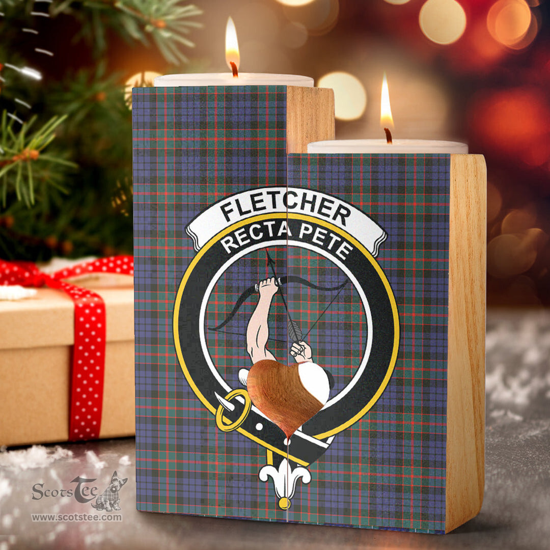 ScotsTee Shop Scottish Fletcher of Dunans Clan Crest Tartan Wooden Candle Holder