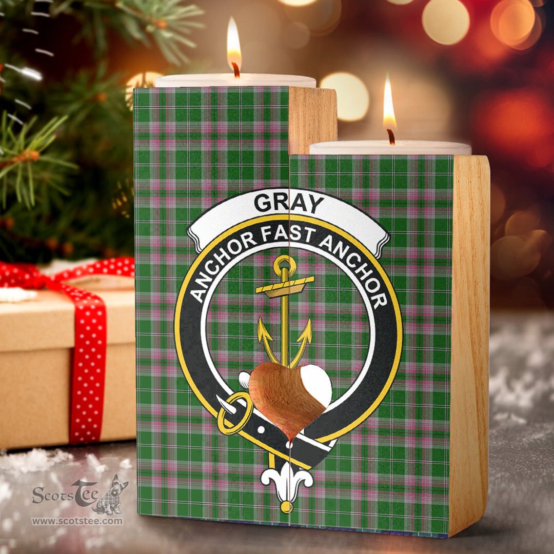 ScotsTee Shop Scottish Gray Hunting Clan Crest Tartan Wooden Candle Holder