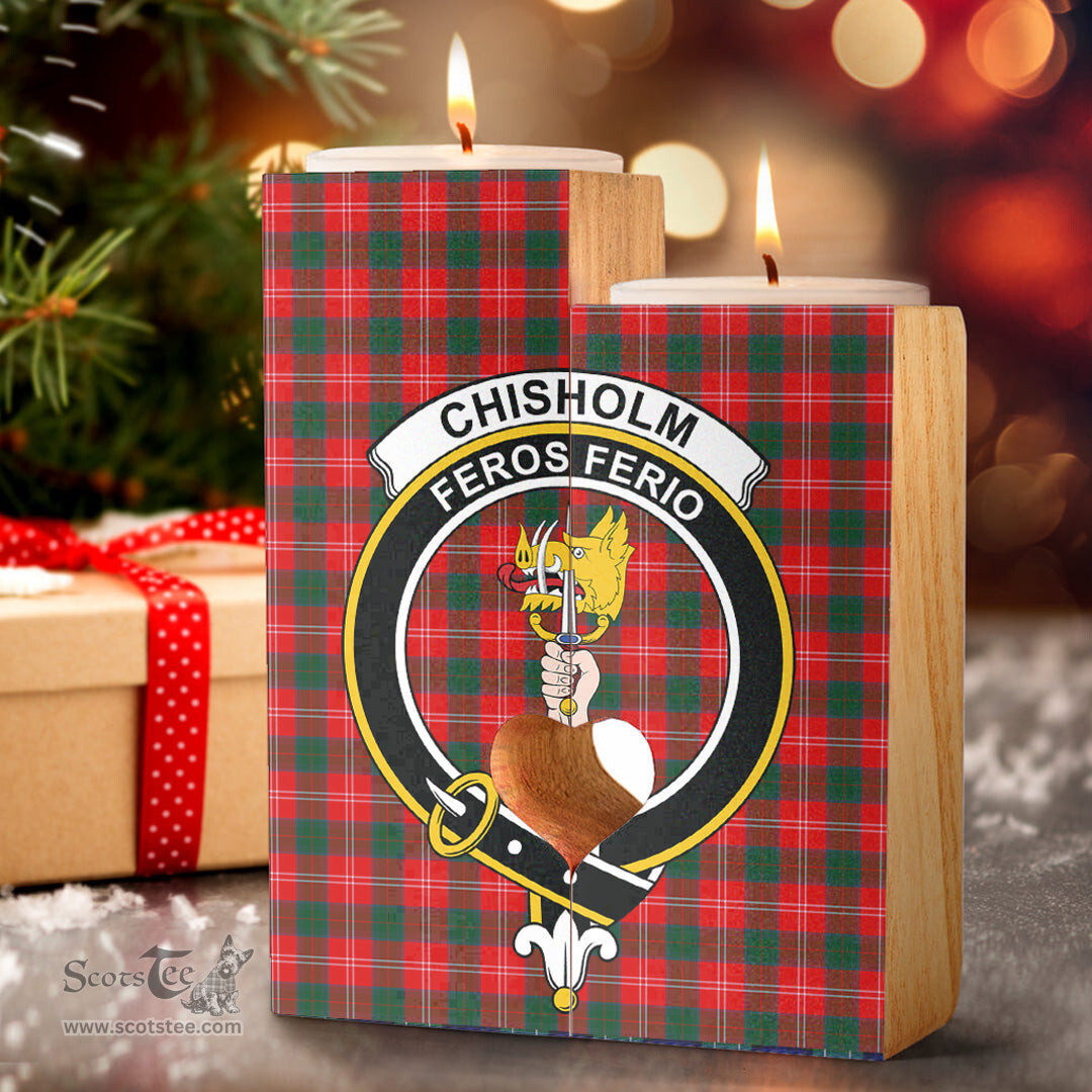 ScotsTee Shop Scottish Chisholm Modern Clan Crest Tartan Wooden Candle Holder