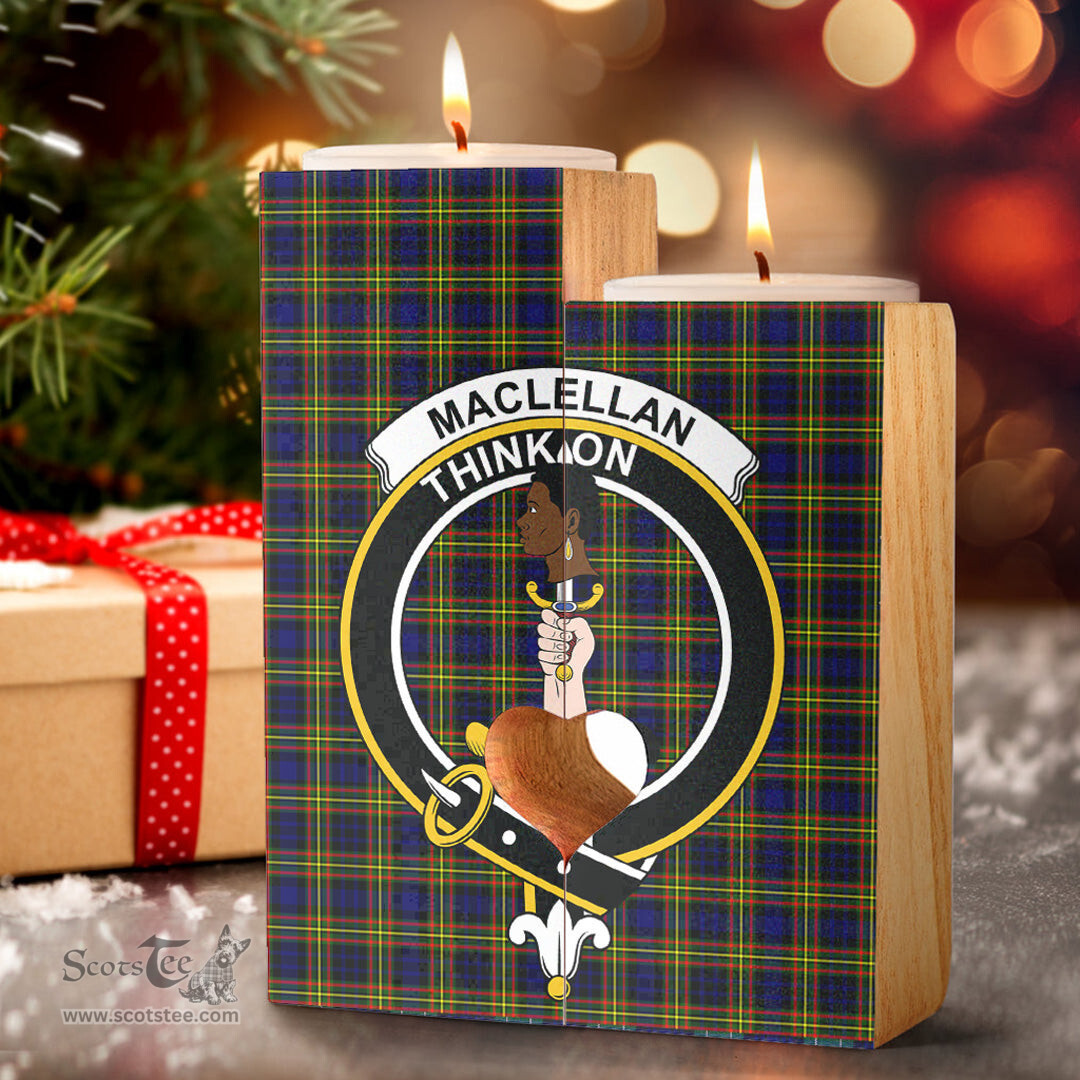 ScotsTee Shop Scottish MacLellan Modern Clan Crest Tartan Wooden Candle Holder