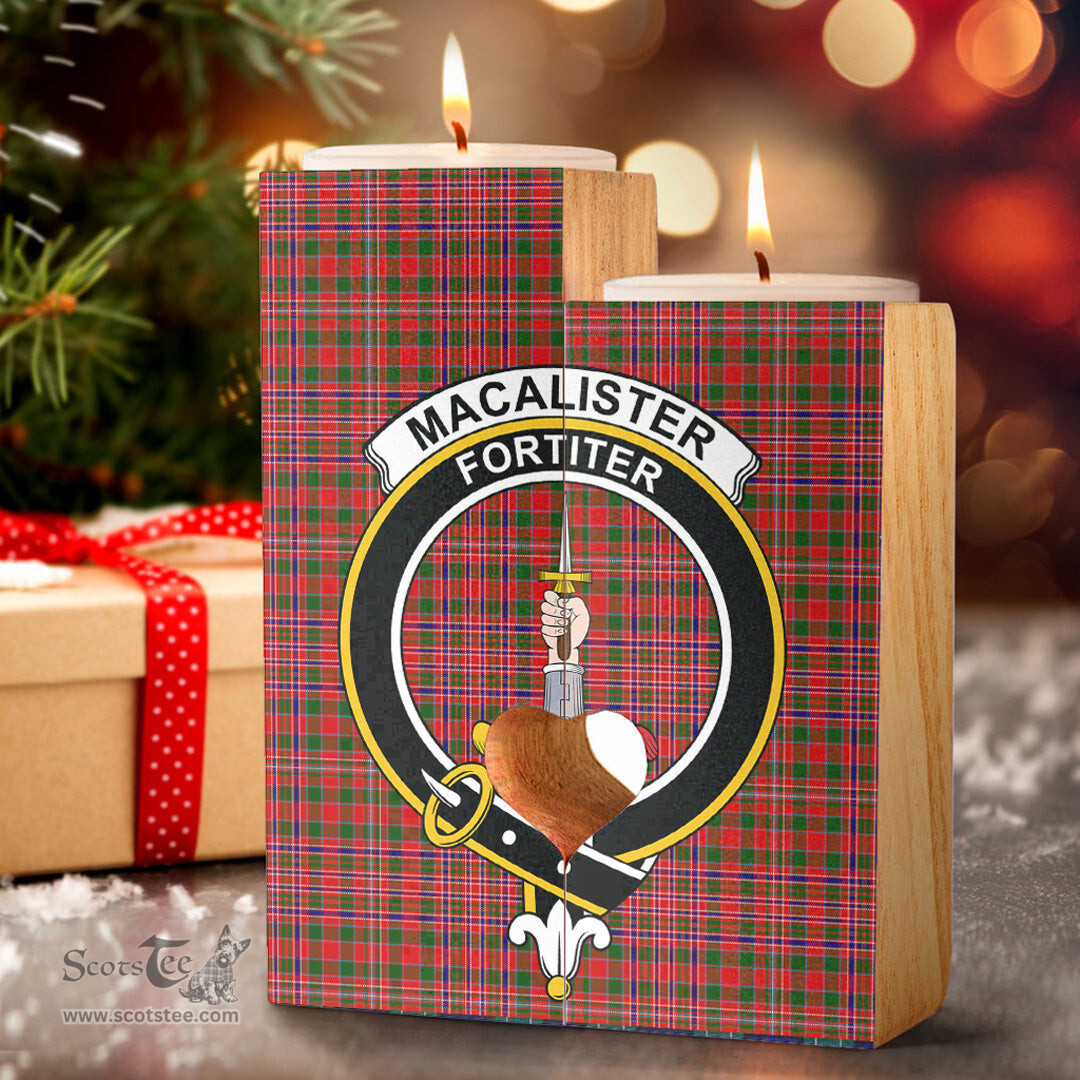 ScotsTee Shop Scottish MacAlister Modern Clan Crest Tartan Wooden Candle Holder