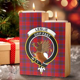 ScotsTee Shop Scottish Leslie Modern Clan Crest Tartan Wooden Candle Holder