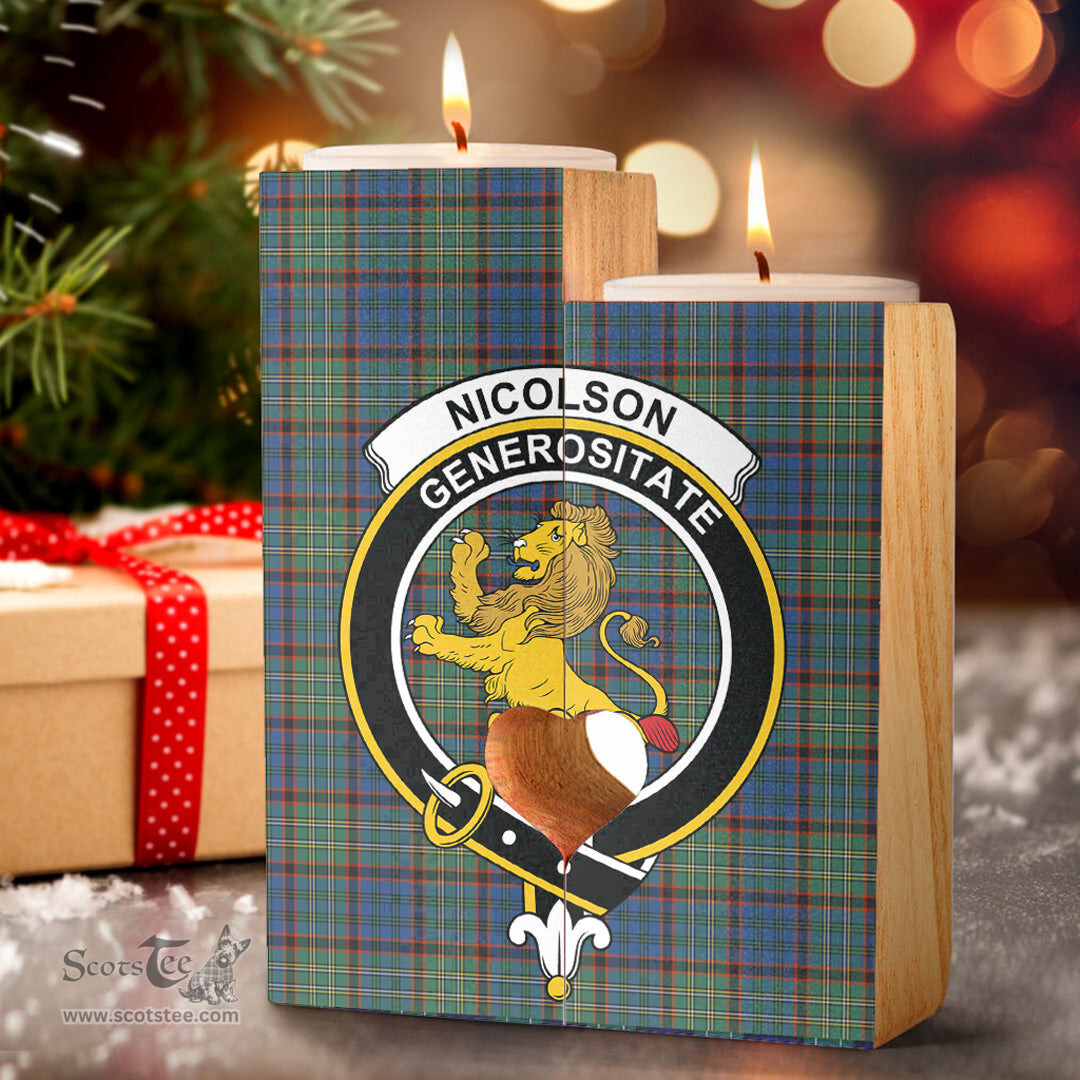 ScotsTee Shop Scottish Nicolson Hunting Ancient Clan Crest Tartan Wooden Candle Holder