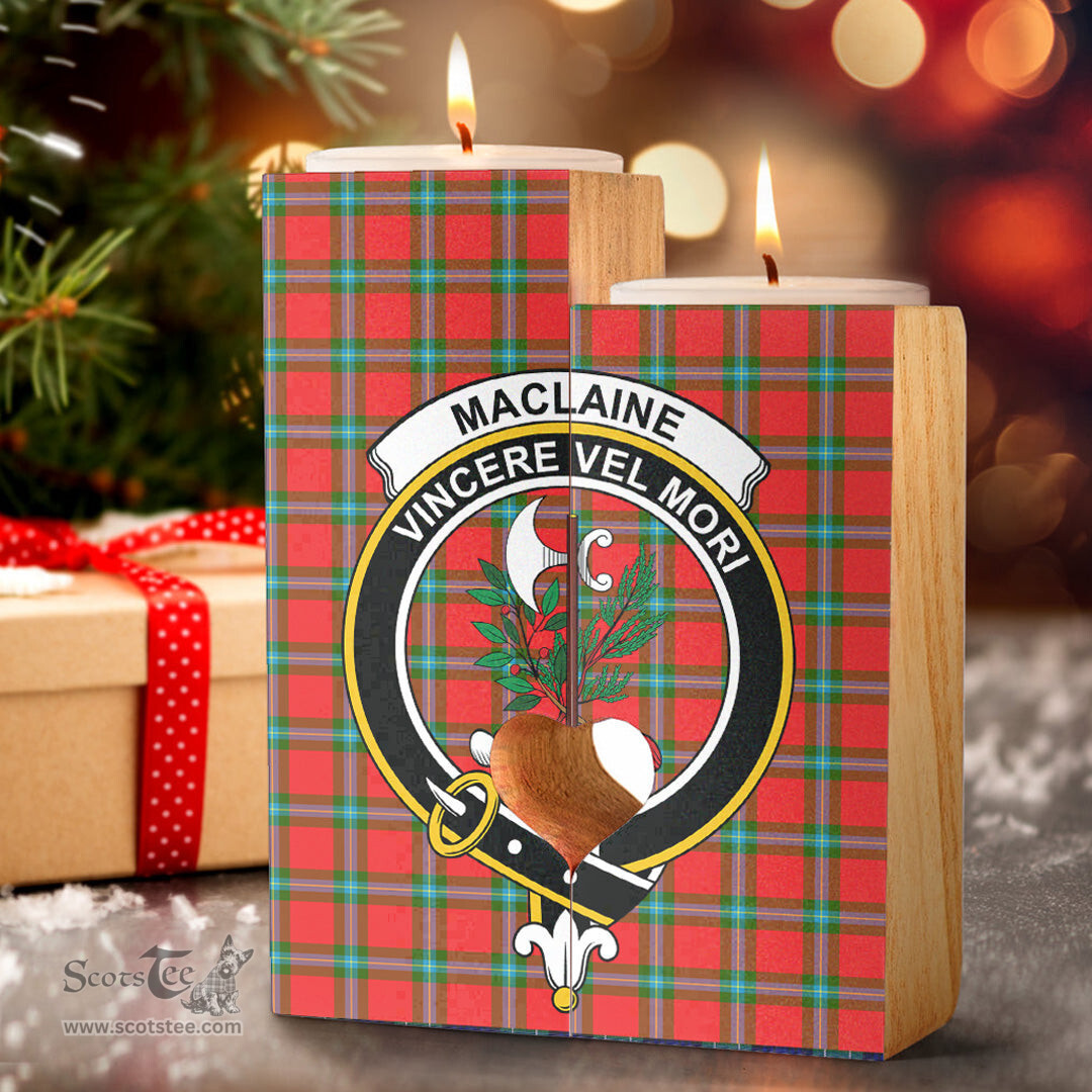 ScotsTee Shop Scottish MacLaine of Loch Buie Clan Crest Tartan Wooden Candle Holder