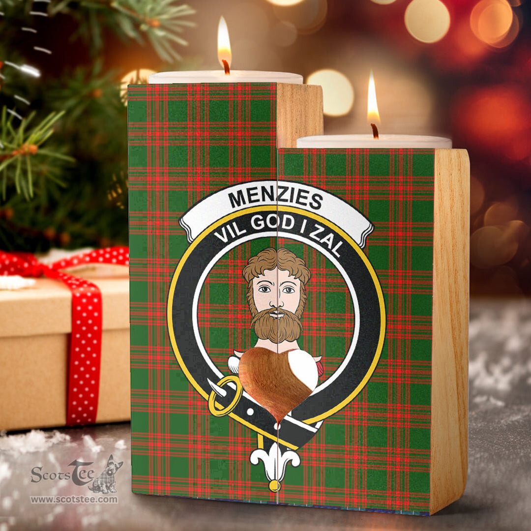 ScotsTee Shop Scottish Menzies Green Modern Clan Crest Tartan Wooden Candle Holder