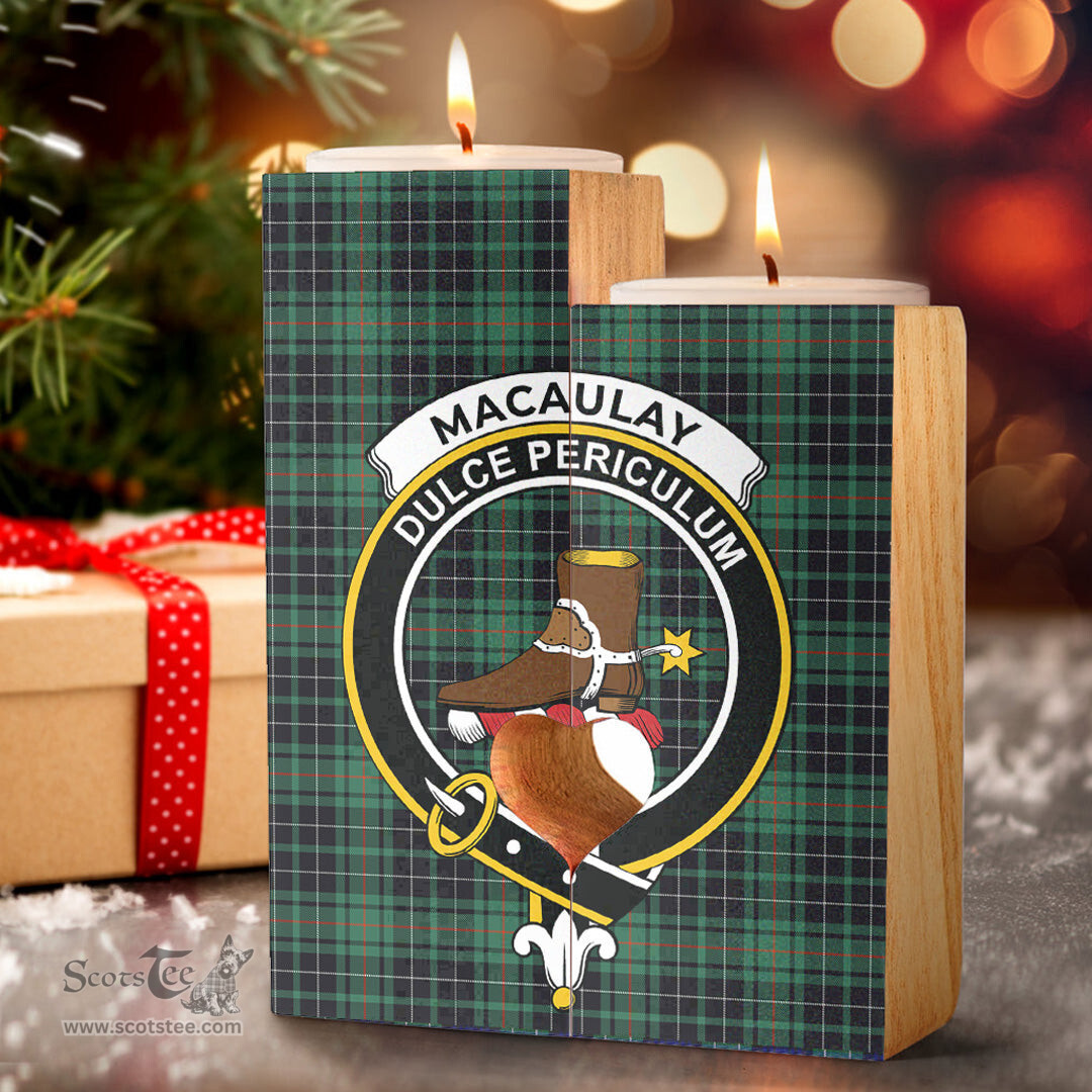 ScotsTee Shop Scottish MacAulay Hunting Ancient Clan Crest Tartan Wooden Candle Holder
