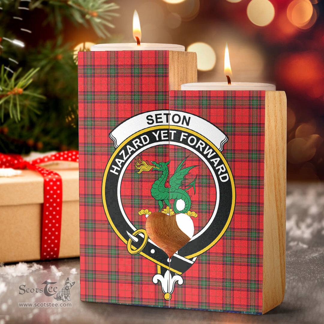 ScotsTee Shop Scottish Seton Modern Clan Crest Tartan Wooden Candle Holder