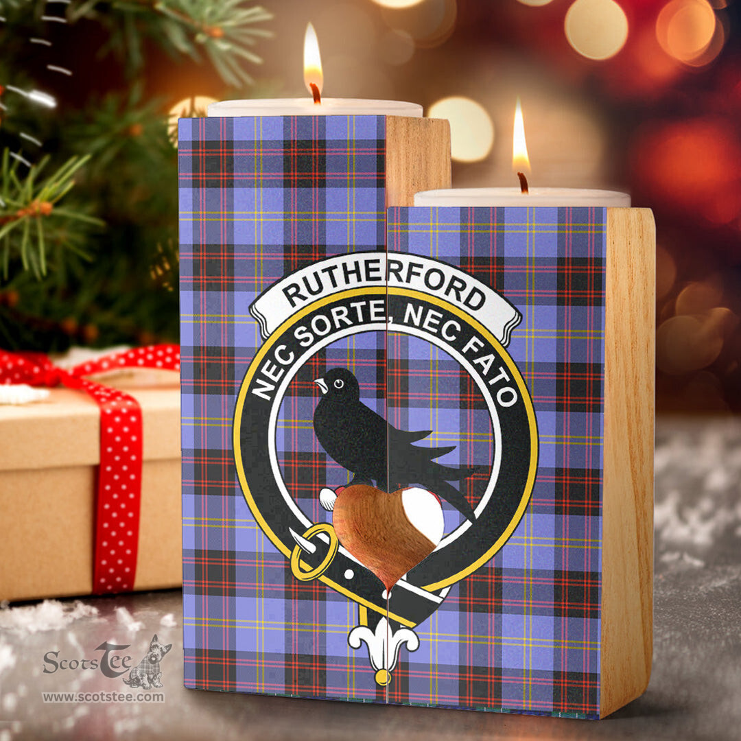 ScotsTee Shop Scottish Rutherford Clan Crest Tartan Wooden Candle Holder