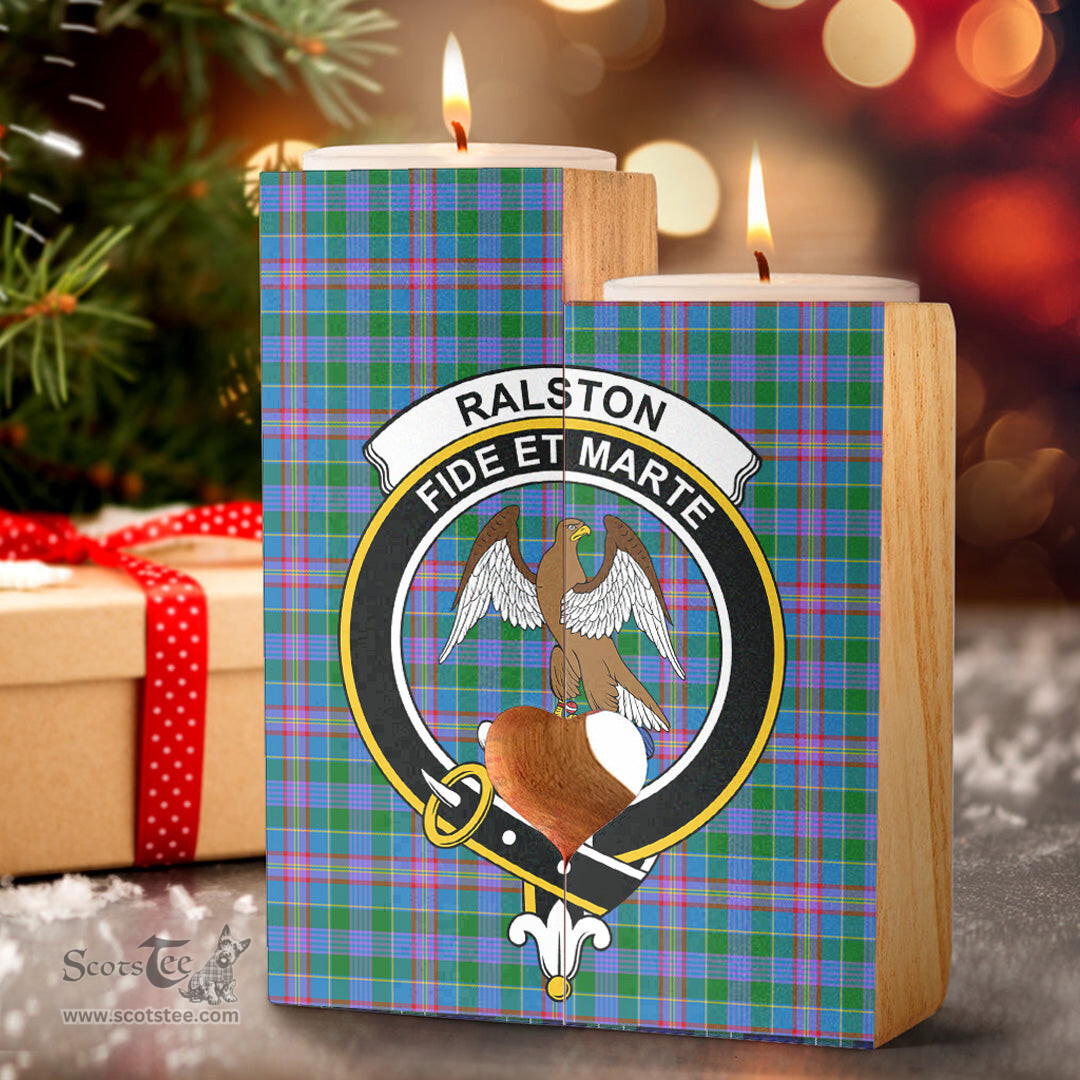 ScotsTee Shop Scottish Ralston Clan Crest Tartan Wooden Candle Holder