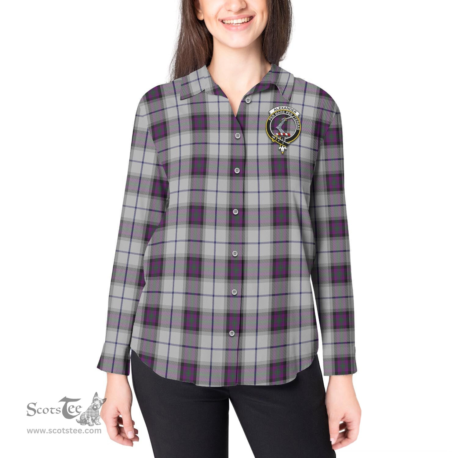 ScotsTee Shop Scottish Alexander of Menstry Dress Clan Crest Tartan Womens Long Sleeve Shirt