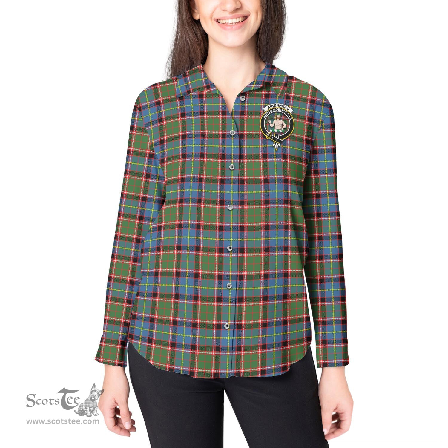 ScotsTee Shop Scottish Aikenhead Clan Crest Tartan Womens Long Sleeve Shirt