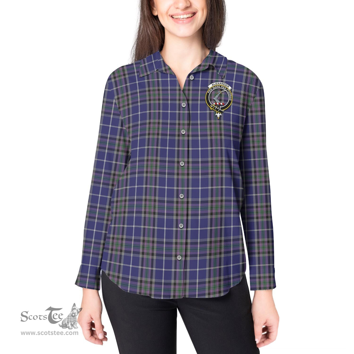 ScotsTee Shop Scottish Alexander of Menstry Clan Crest Tartan Womens Long Sleeve Shirt