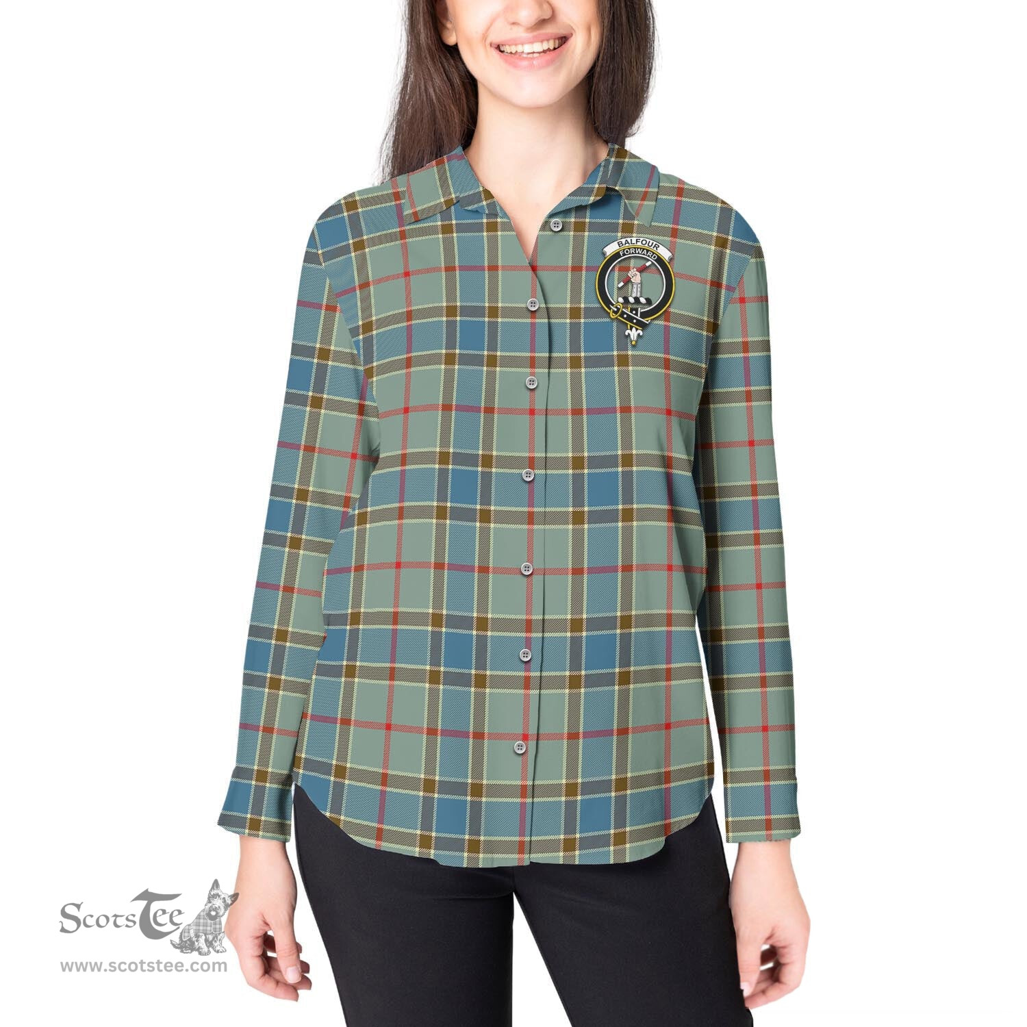 ScotsTee Shop Scottish Balfour Blue Clan Crest Tartan Womens Long Sleeve Shirt