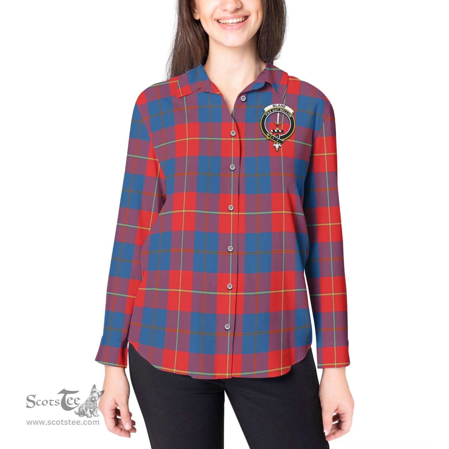 ScotsTee Shop Scottish Blane Clan Crest Tartan Womens Long Sleeve Shirt