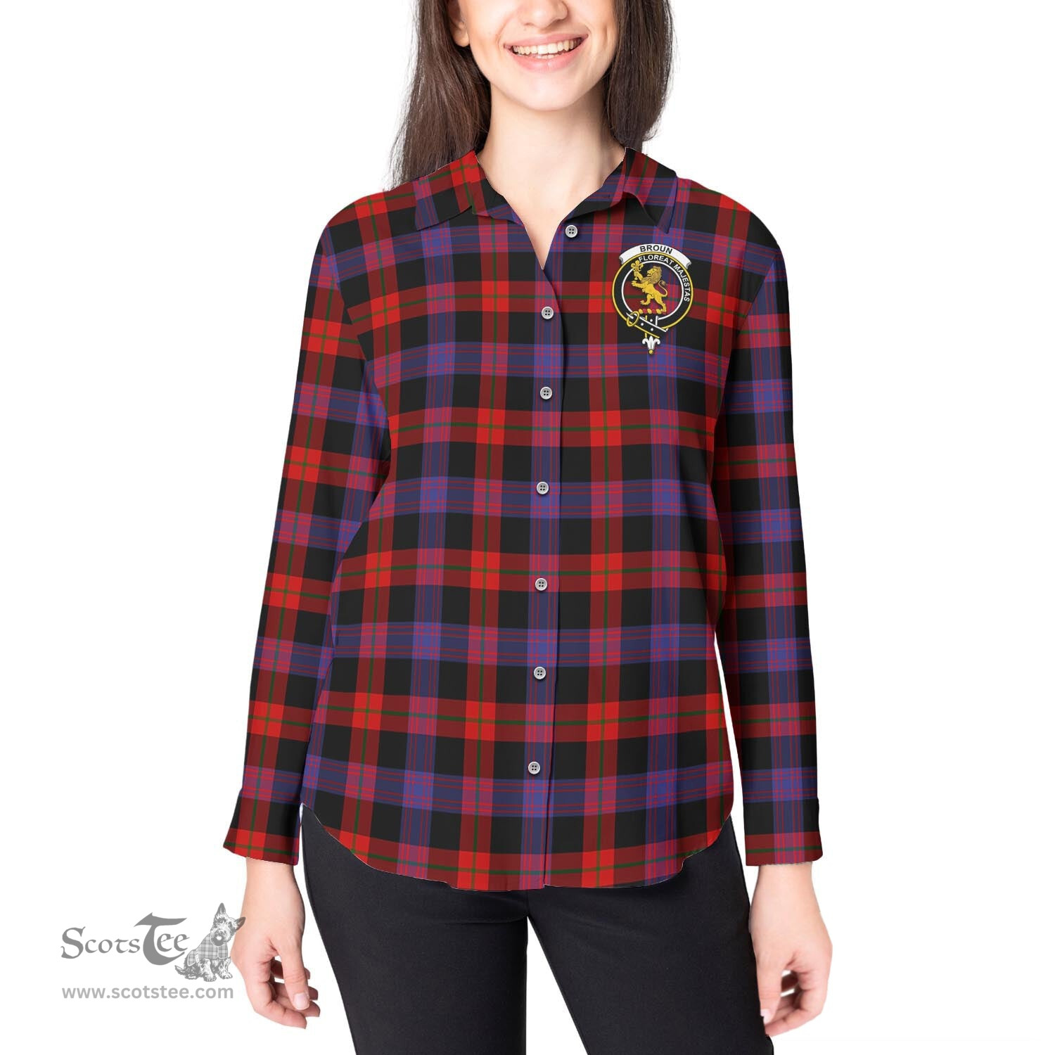 ScotsTee Shop Scottish Broun Modern Clan Crest Tartan Womens Long Sleeve Shirt