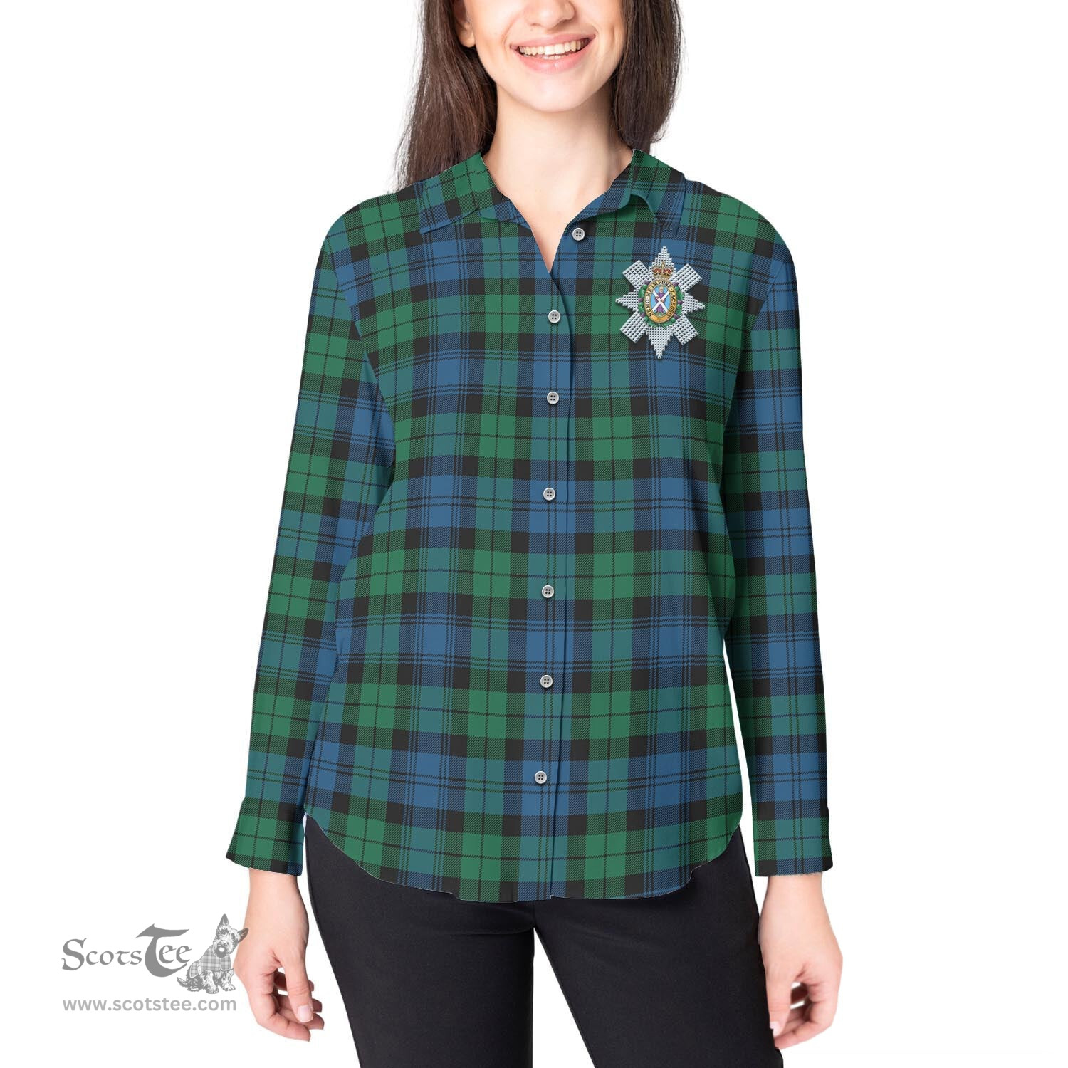ScotsTee Shop Scottish Black Watch Ancient Clan Crest Tartan Womens Long Sleeve Shirt