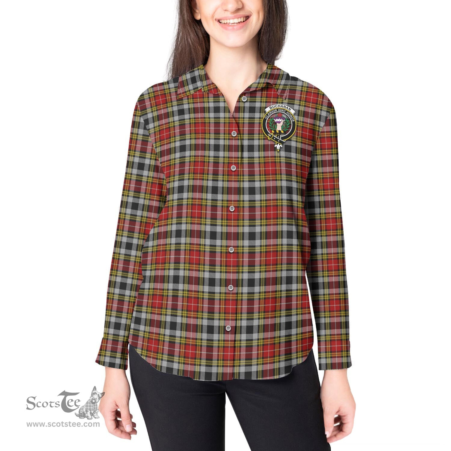 ScotsTee Shop Scottish Buchanan Old Dress Clan Crest Tartan Womens Long Sleeve Shirt