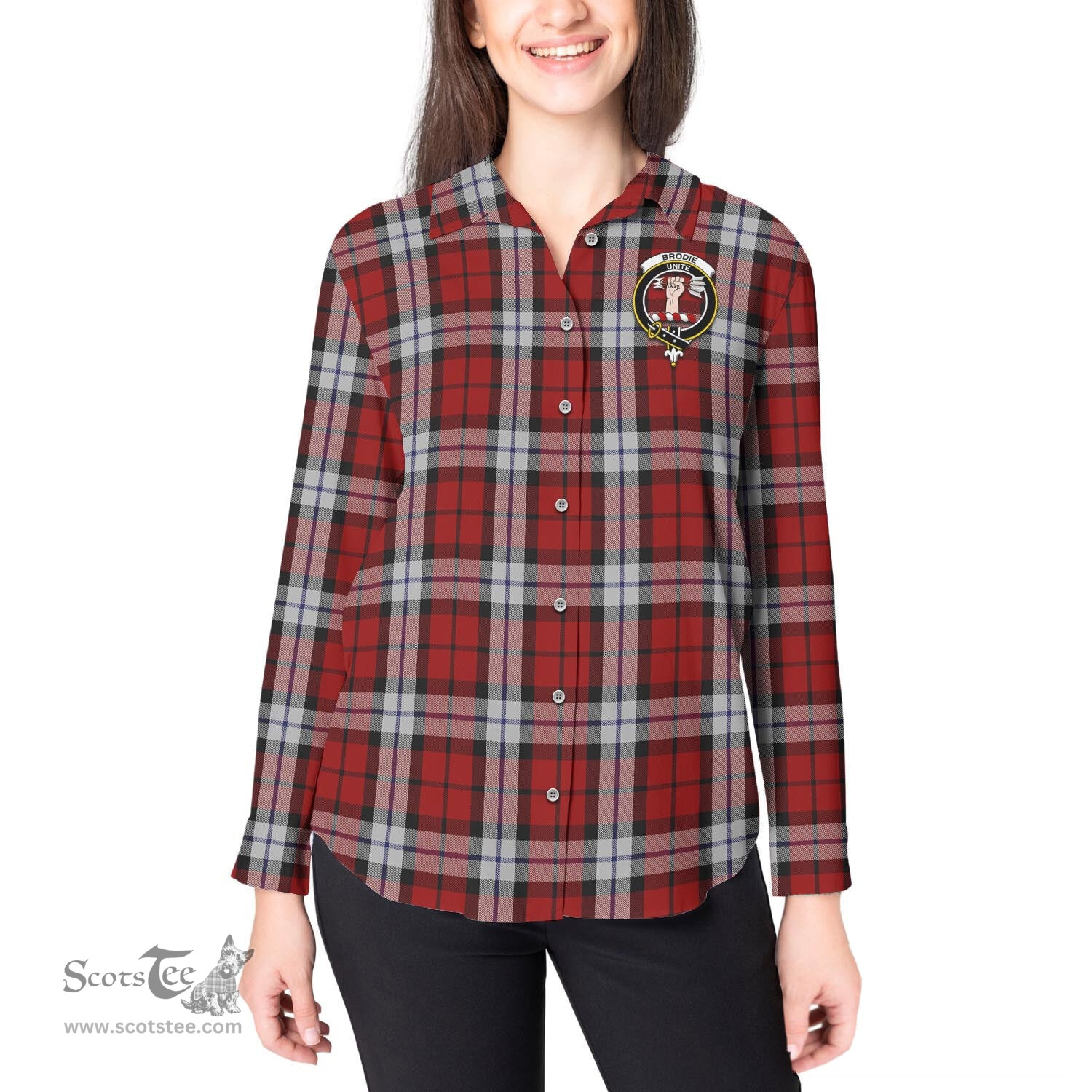 ScotsTee Shop Scottish Brodie Dress Clan Crest Tartan Womens Long Sleeve Shirt