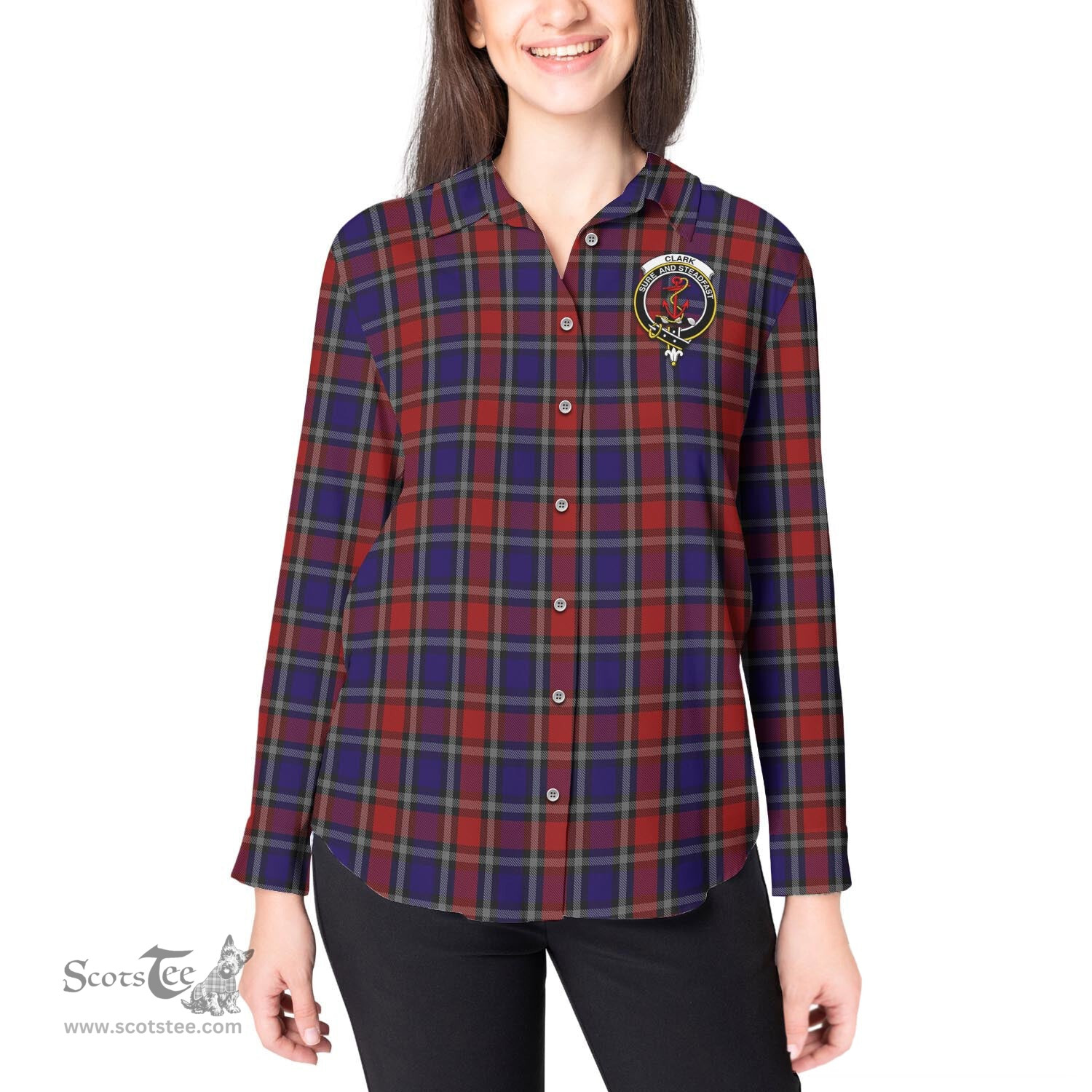 ScotsTee Shop Scottish Clark Red Clan Crest Tartan Womens Long Sleeve Shirt