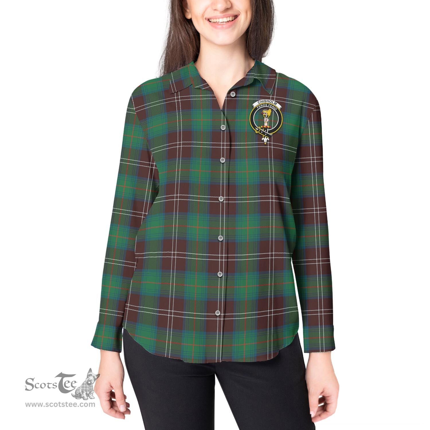 ScotsTee Shop Scottish Chisholm Hunting Ancient Clan Crest Tartan Womens Long Sleeve Shirt