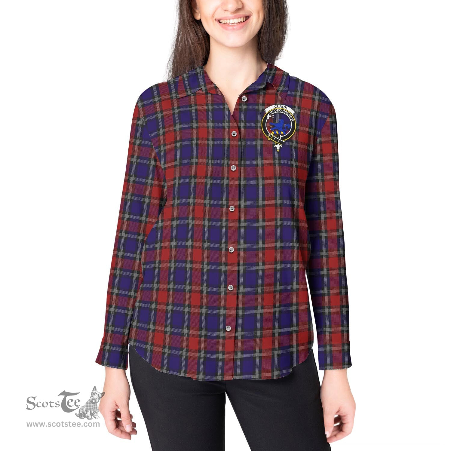ScotsTee Shop Scottish Clark (Lion) Red Clan Crest Tartan Womens Long Sleeve Shirt