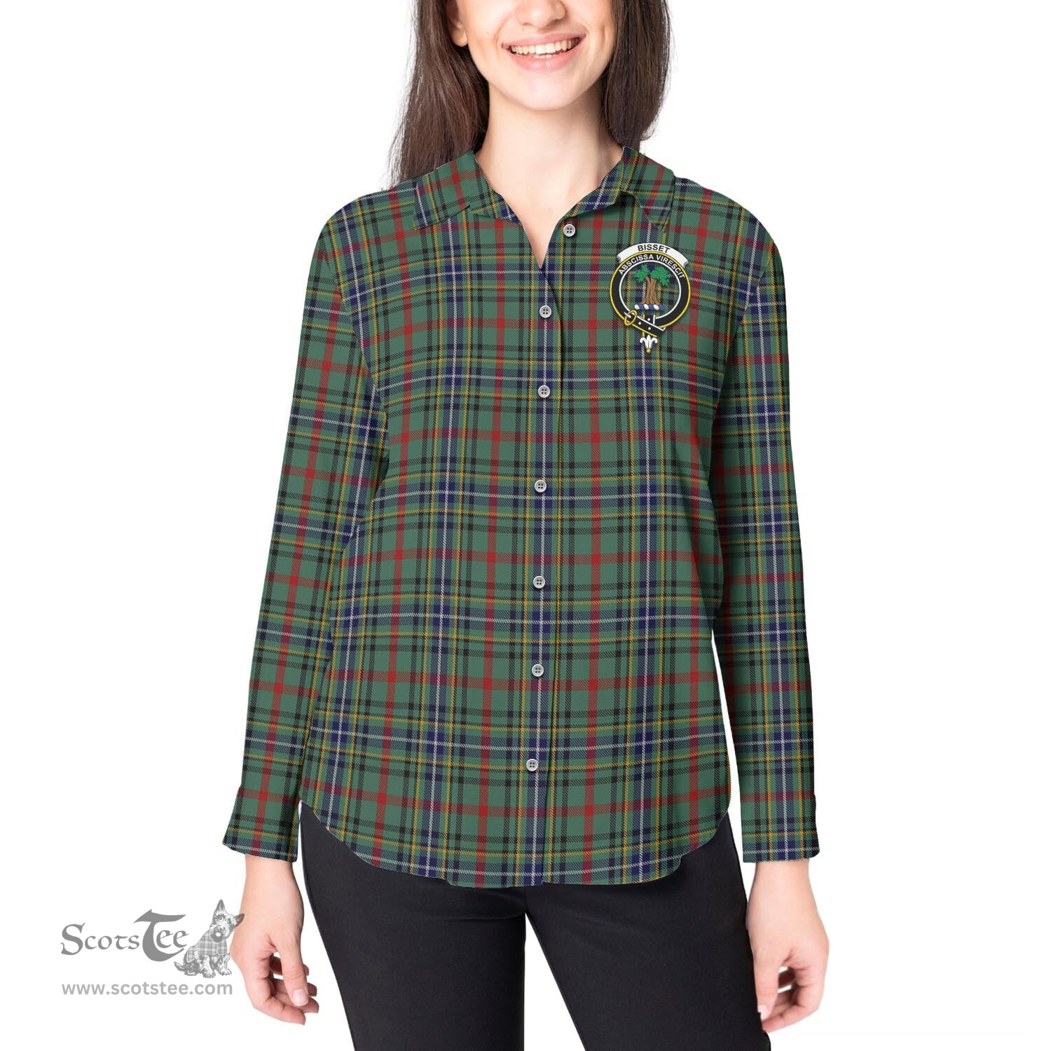 ScotsTee Shop Scottish Bisset Clan Crest Tartan Womens Long Sleeve Shirt